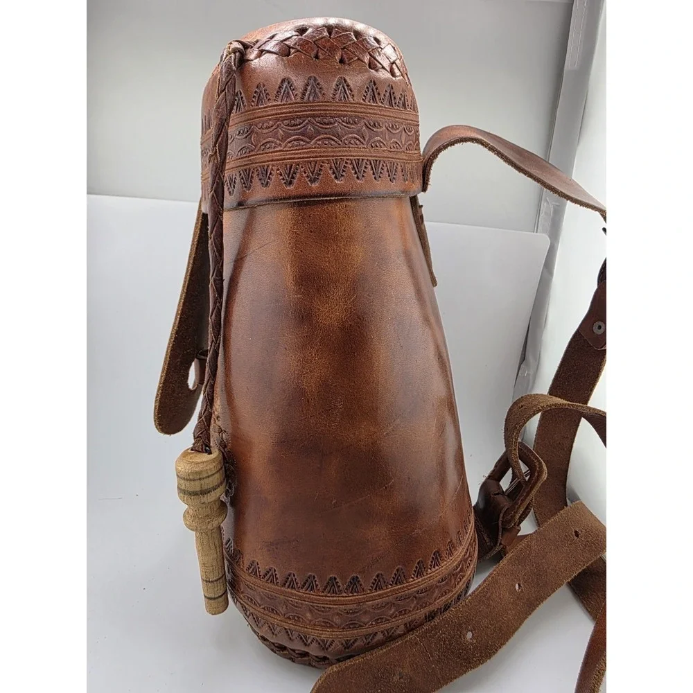 Vintage handcrafted Cowhide Leather Crossbody Bag Boho Tooled Cylinder Design - Picture 3 of 9